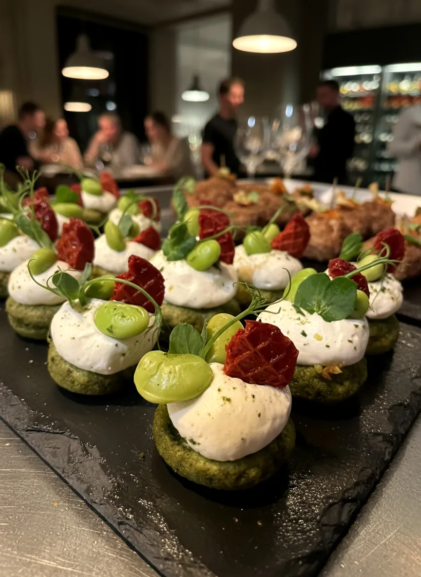 Grüne Canapés mit Frischkäse auf einer Schieferplatte