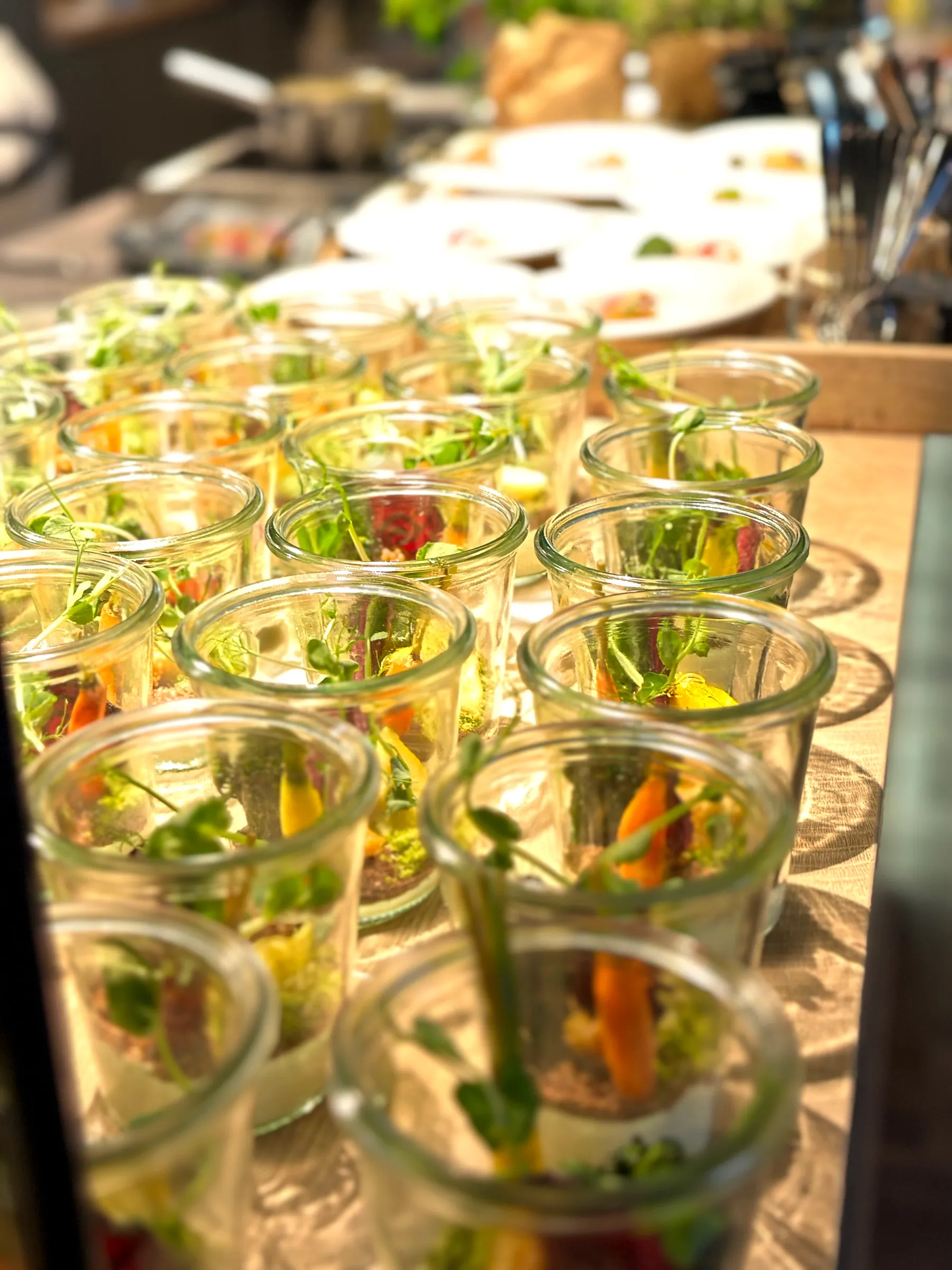 Vorbereitete Vorspeisen im Glas für ein Firmencatering